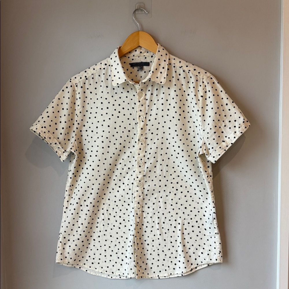 John Varvatos Dotted Short Sleeve Polka Dot Cotton Linen Button Down Shirt - Picture 3 of 9